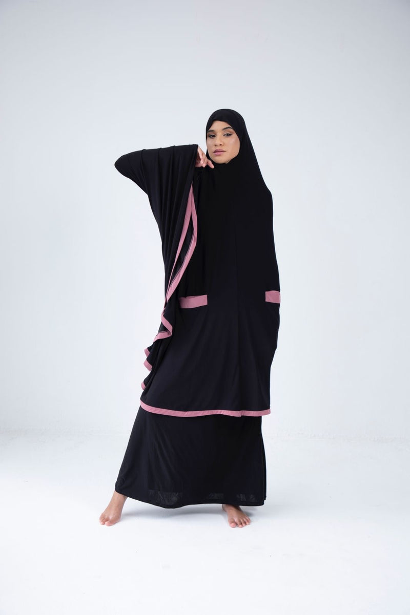 Knee length burqa black with pink contrast