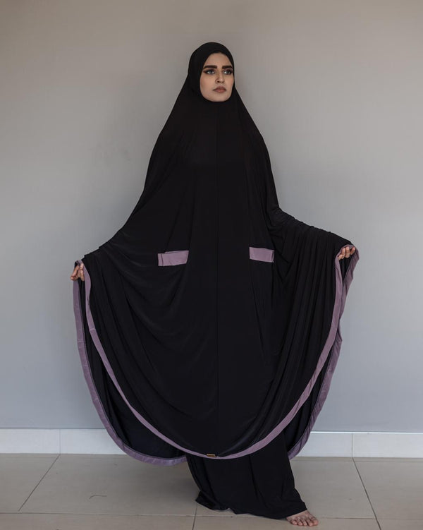 Ankle Length Burka Black with mauve Contrast