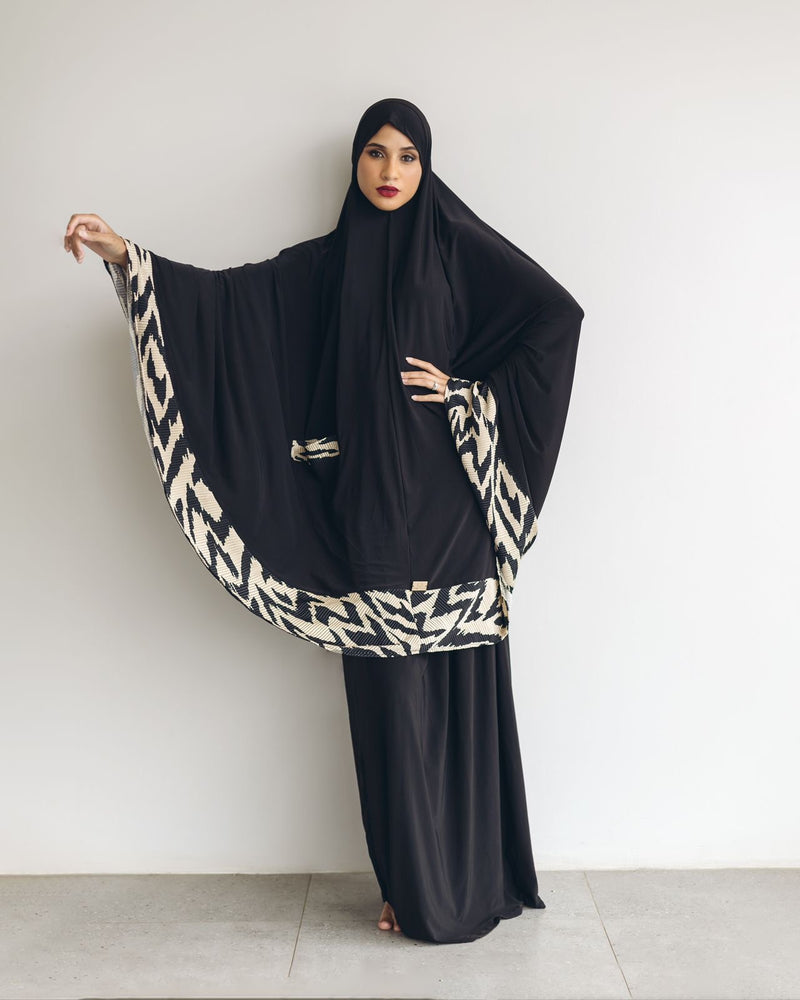 Knee length printed nude and Black striped plissé burqa