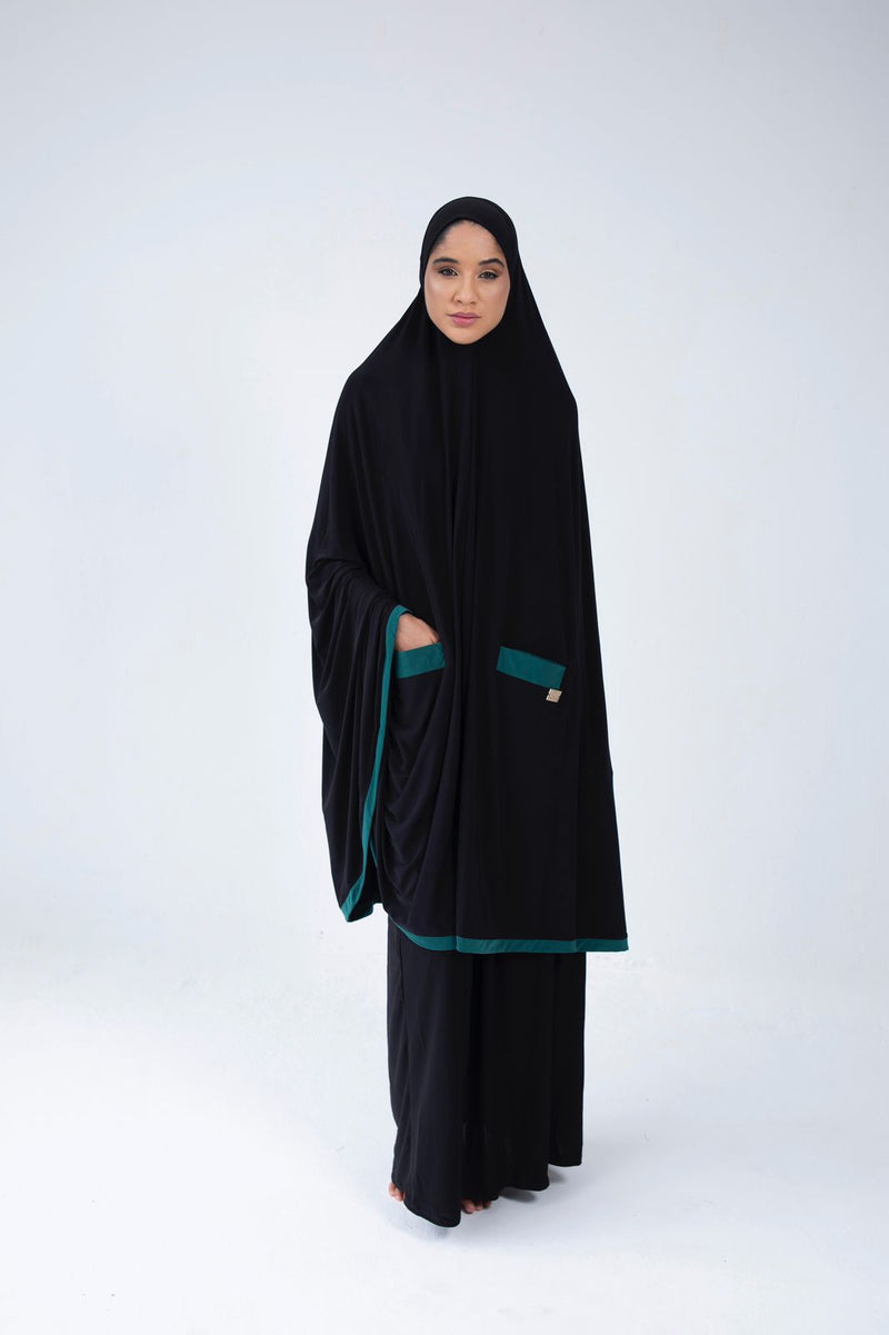 Knee Length Burka Black With Green Contrast